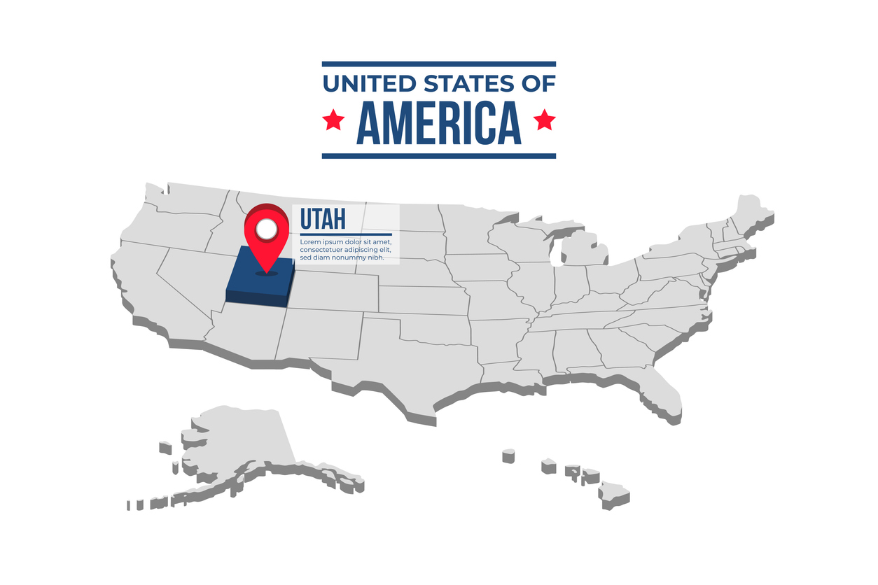 Utah Highlighted On A 3D Isometric Map Of The United States Of America